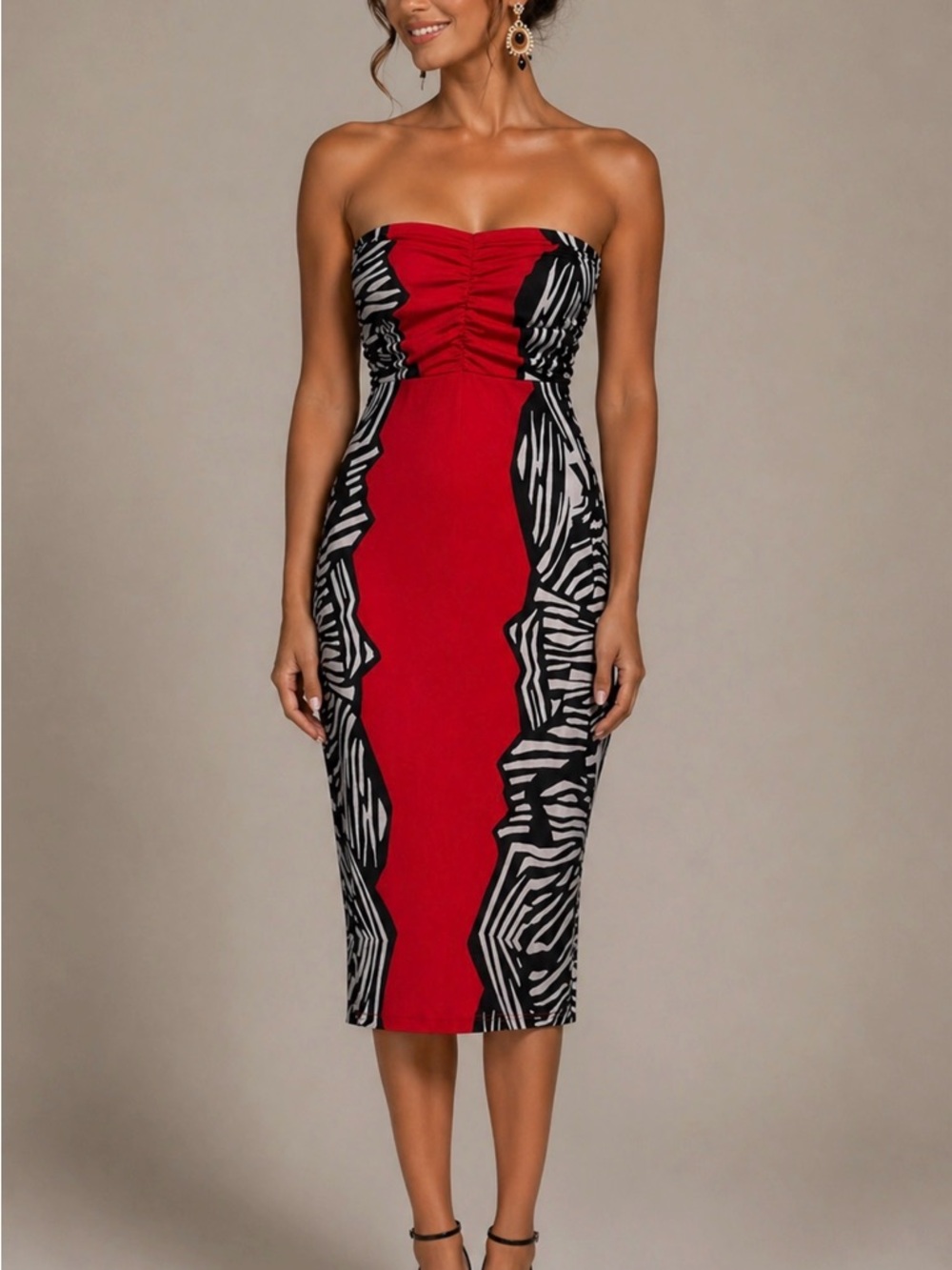 Venus Strapless Ruched Midi Dress Red Black White Small